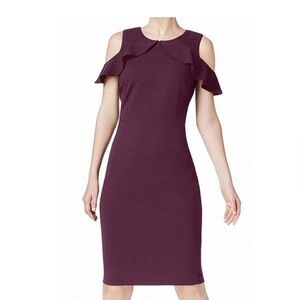 Calvin Klein Cold Shoulder Dress Plum Ruffle Top Zip Up EUC Midi Stretch Purple